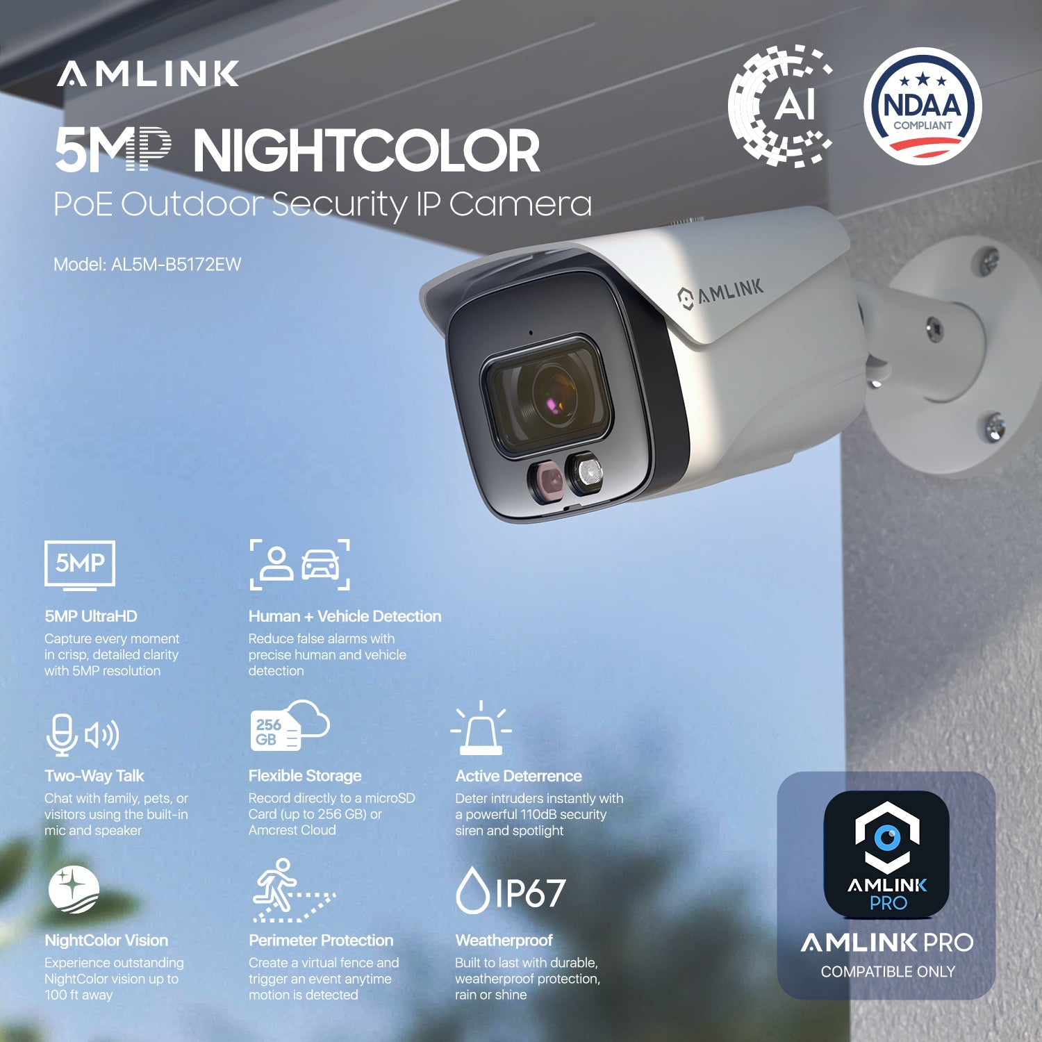 AMLINK 5MP Security AI IP PoE Camera, Night Color 100ft, Human/Vehicle Detection, NDAA Compliant, Indoor Outdoor Surveillance Bullet, 2-Way Audio, Support 256GB MicroSD, Deterrent, 20fps AL5M-B5172EW