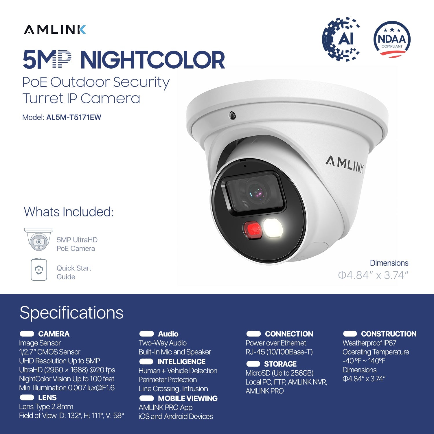 AMLINK 5MP Security AI IP PoE Camera, Night Color 100ft, Human/Vehicle Detection, NDAA Compliant, Indoor Outdoor Surveillance Turret, 2-Way Audio, Support 256GB MicroSD, Deterrent, 20fps AL5M-T5171EW