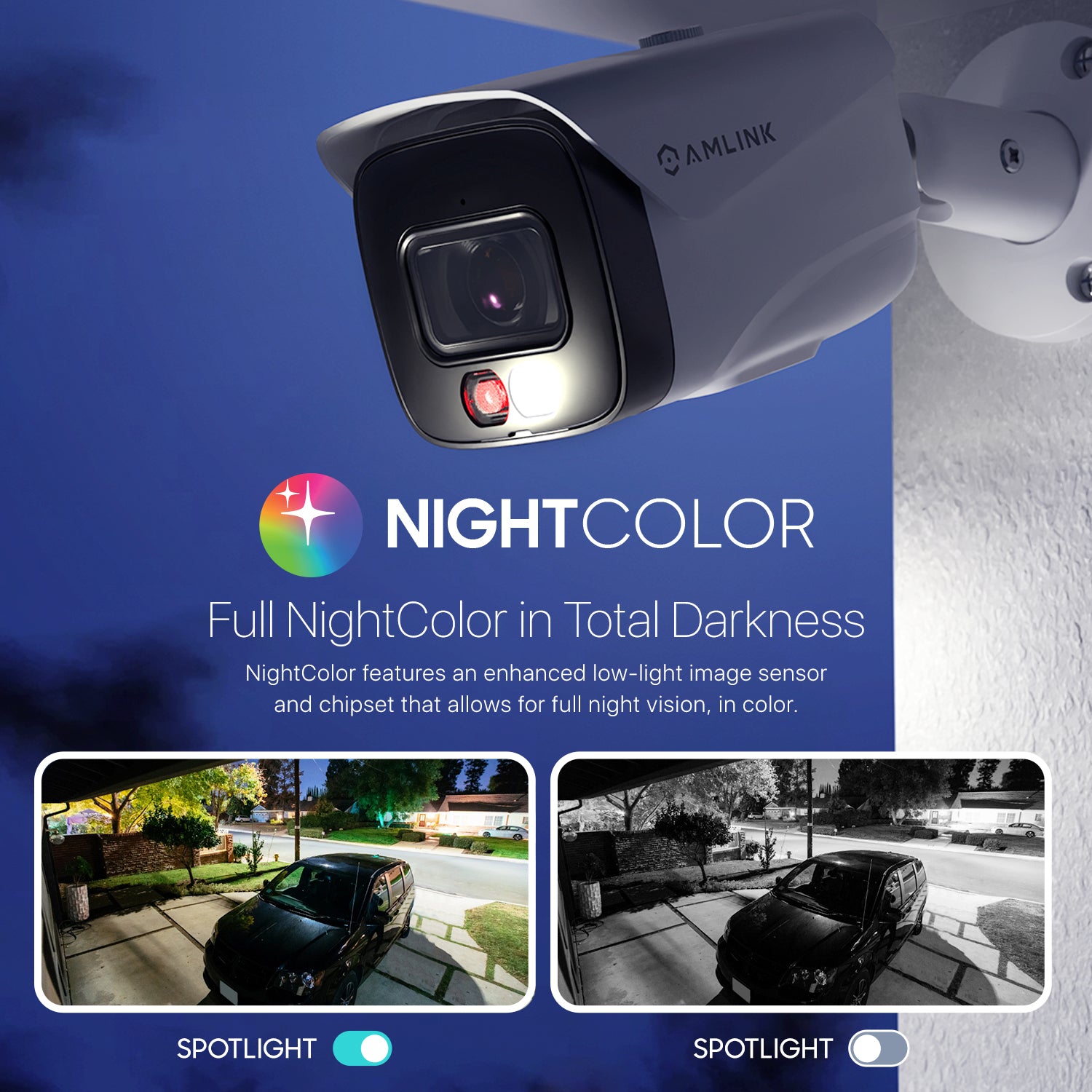 AMLink security camera with NightColor feature on a blue background
