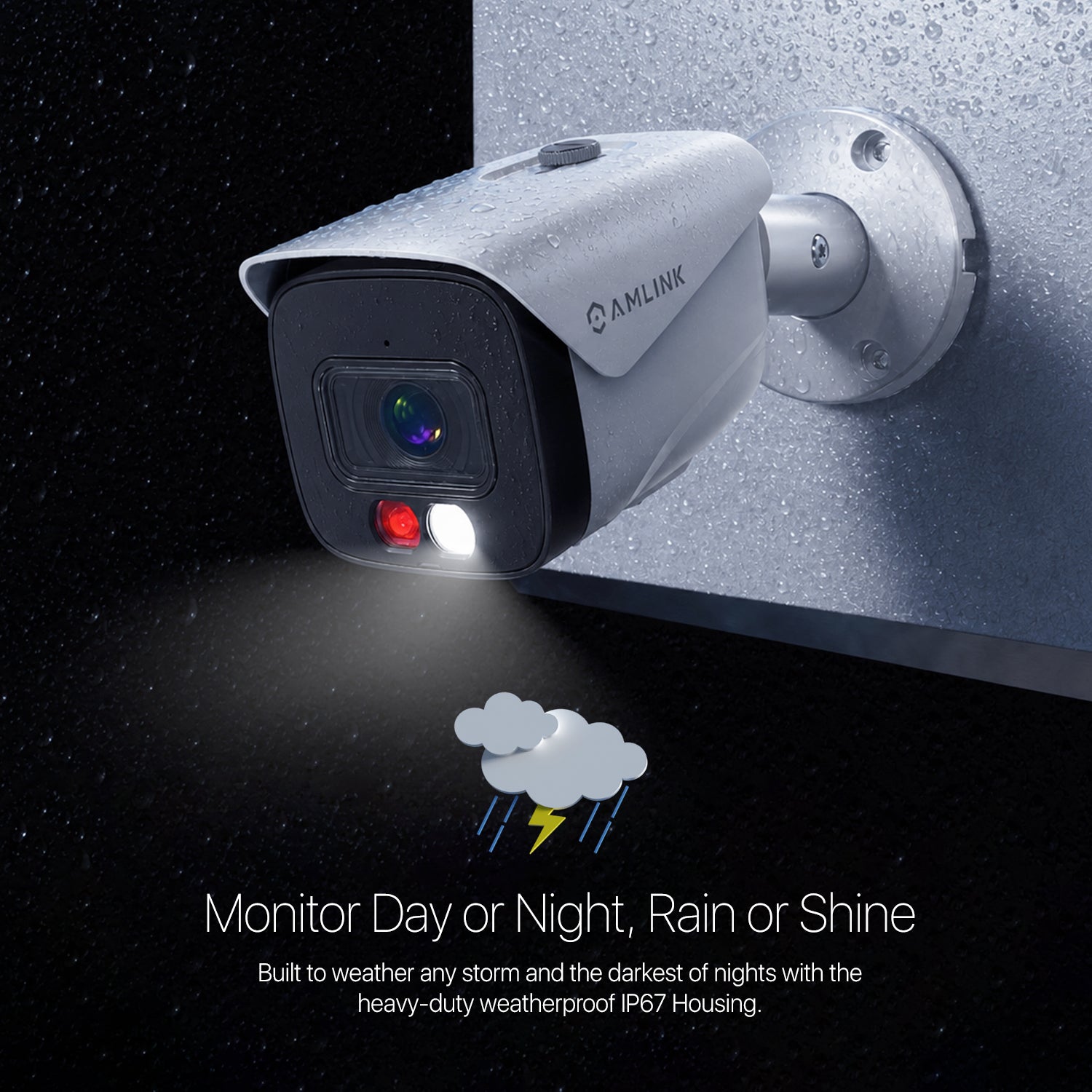 IP camera on a wall with raindrops, featuring Amlink branding and IP67 weatherproof housing.