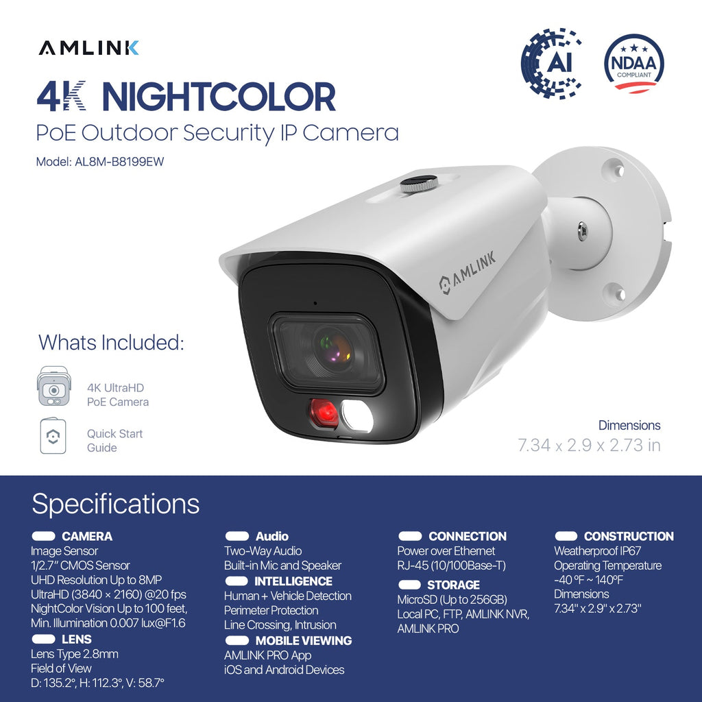 AMLINK 4K/8MP Security AI IP PoE Camera, Night Color 100ft, Human/Vehicle Detection, NDAA Compliant, Indoor Outdoor Surveillance Bullet, 2-Way Audio, Support 256GB MicroSD, Deterrent, AL8M-B8199EW