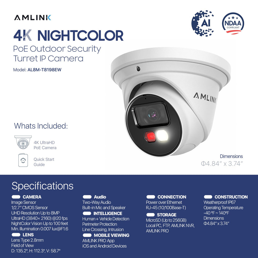 AMLINK 4K/8MP Security AI IP PoE Camera, Night Color 100ft, Human/Vehicle Detection, NDAA Compliant, Indoor Outdoor Surveillance Turret, 2-Way Audio, Support 256GB MicroSD, Deterrent, AL8M-T8198EW