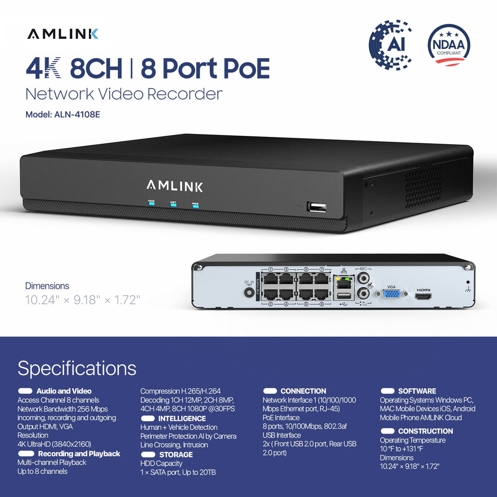 AMLINK 12MP 8CH AI NVR (8-Port PoE), Smart NVR, Human Detection & Vehicle Detection - Supports 8 x 12MP IP Cameras, Supports 1 x 20TB HDD (Not Included) ALN-4108E